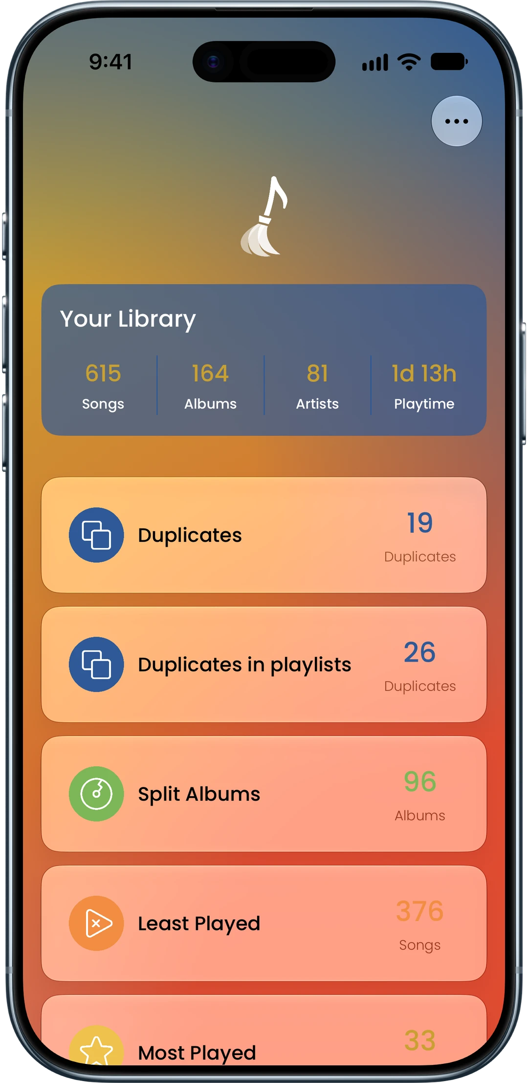Song Sweeper home screen with library totals and cleanup categories: duplicates, duplicates in playlists, split albums, least played, and most played